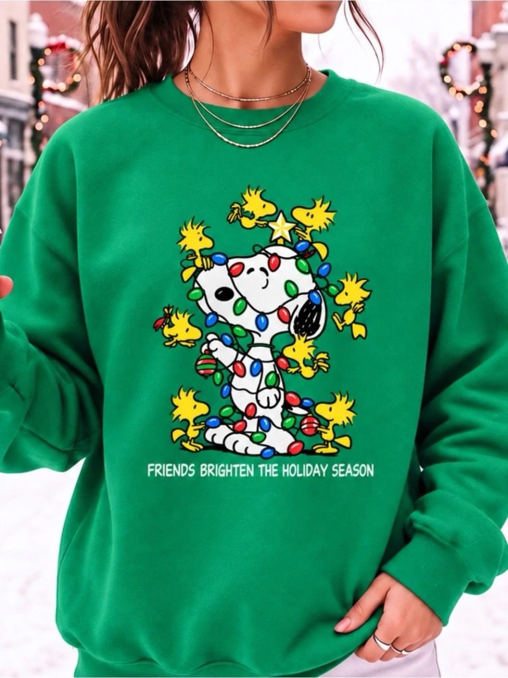Green Snoopy & Woodstock Holiday Light Graphic Sweatshirt